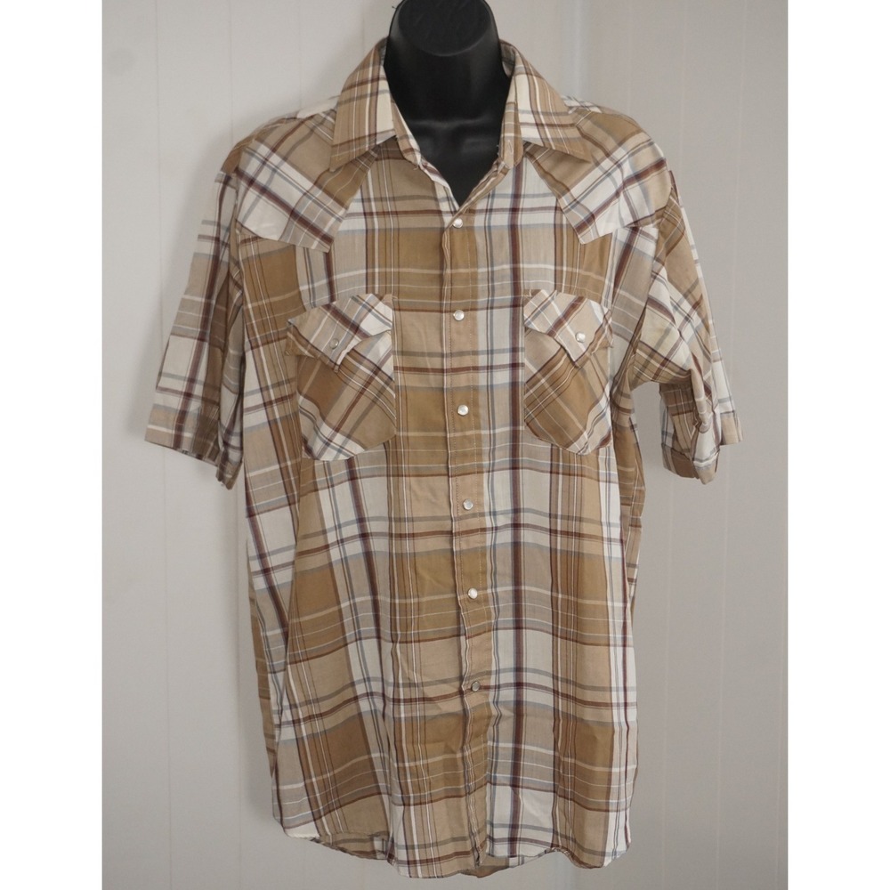 Plains Medium Tan Plaid Short Sleeve Western Pearl Snap Shirt
